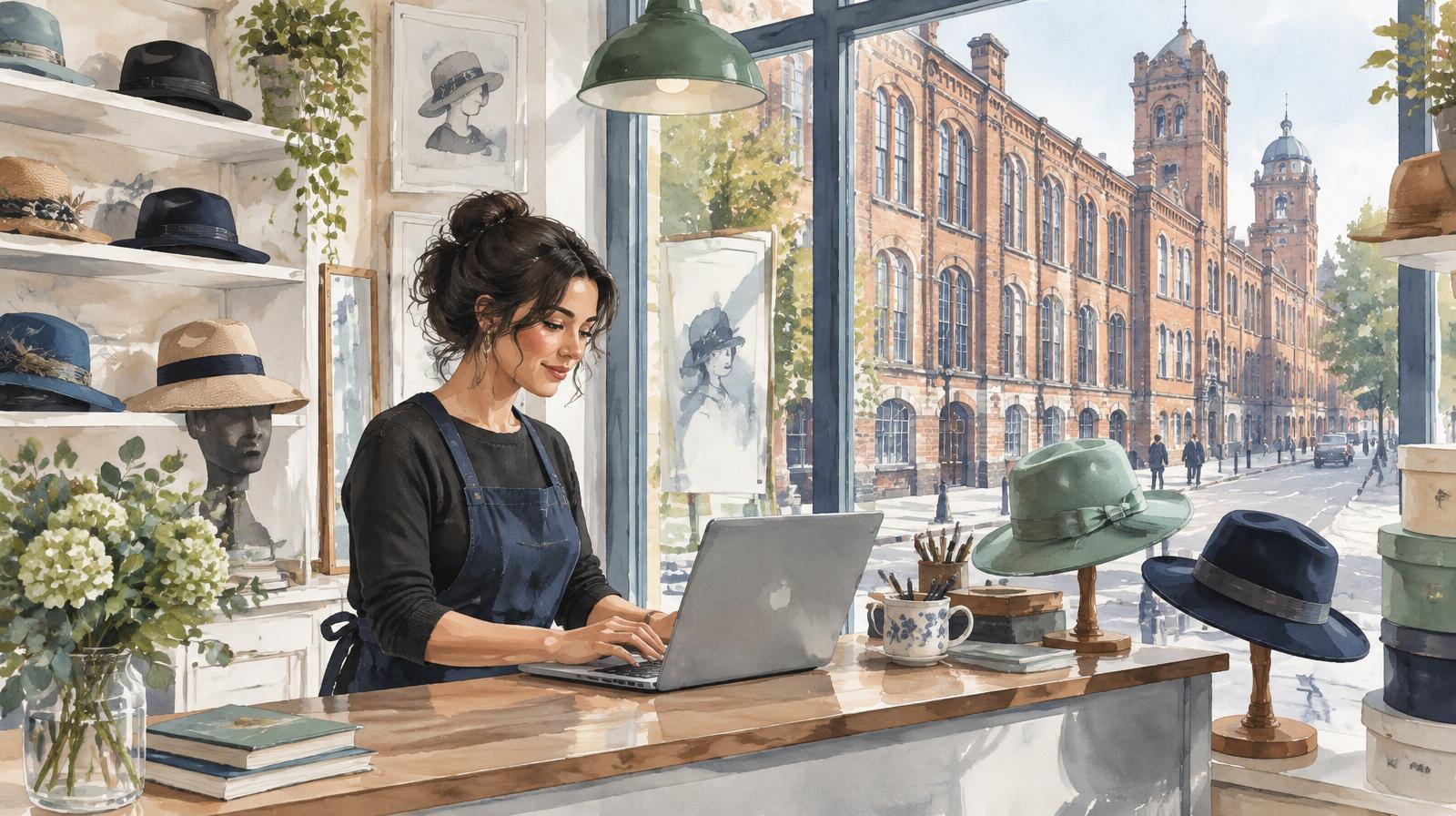Artist's impression of a Luton shop owner updating her business listing, with red-brick Hat District factories outside the window