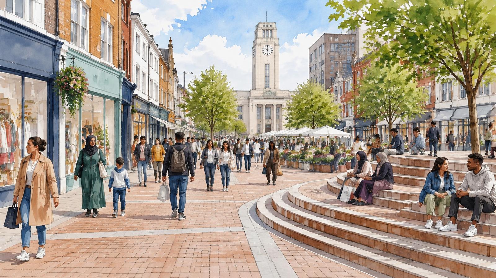 Artist's impression of shoppers on George Street, Luton, by the Market Hill steps, with the Town Hall clock tower beyond